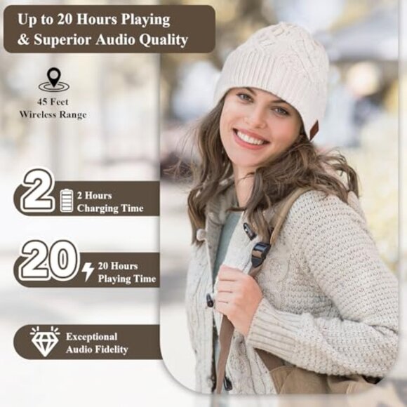 Wireless Bluetooth Beanie with Wool Lining, 20-Hour Playtime, Adjustable Fit